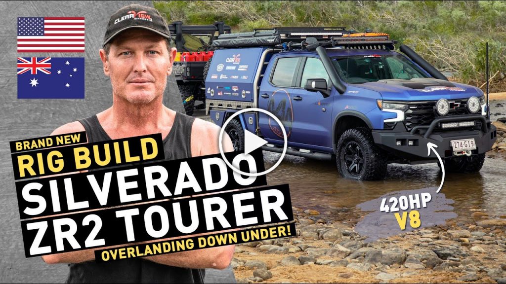 Youtube Thumbnail with text: Brand New Rig Build Silverado ZR2 Tourer. Overlanding down under. 420hp V8.
